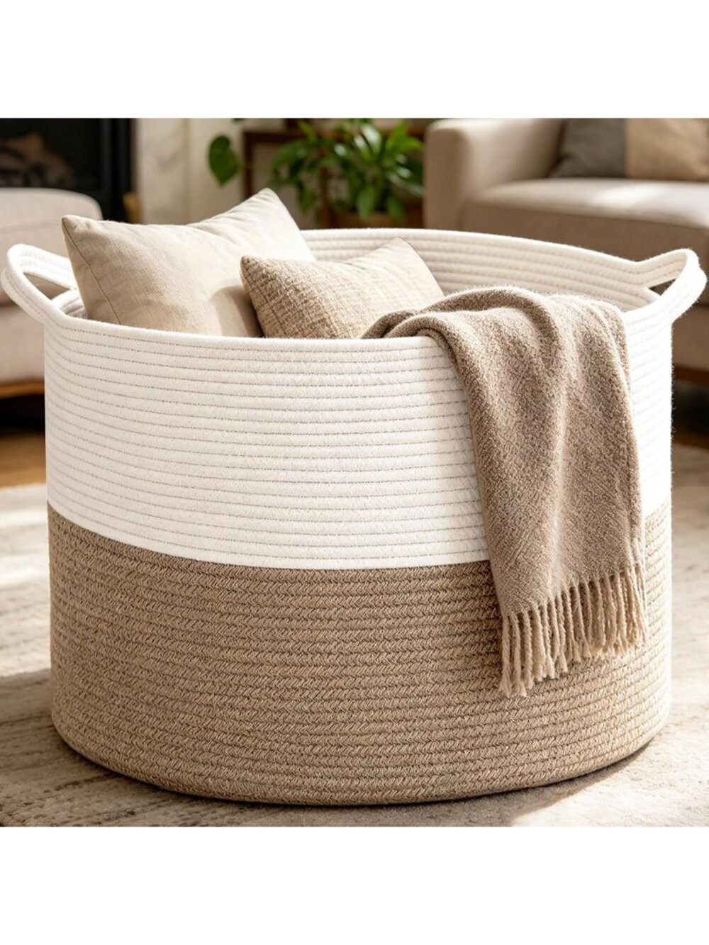 Large Cotton Rope Woven Blanket Basket - 65L Laundry Storage Organizer